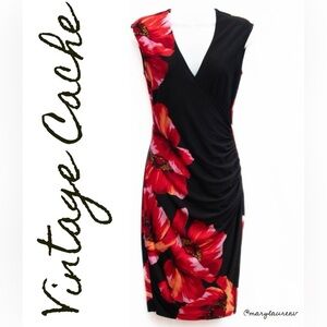 Vtg Cache Dress Stretch Black Draped Faux Wrap w Large Poppies Floral Print